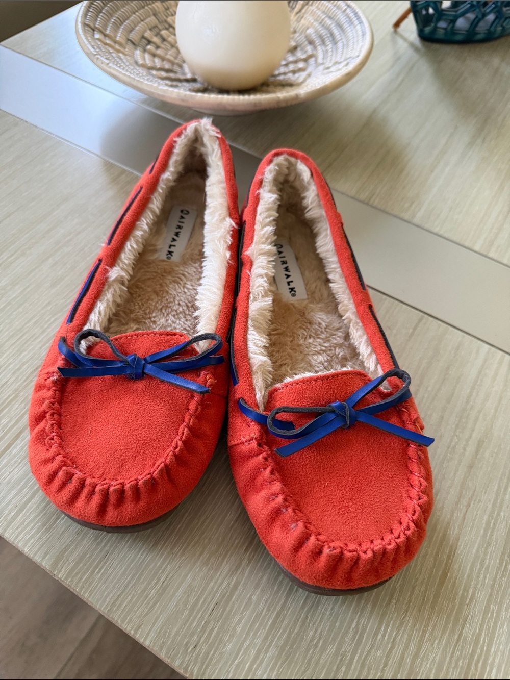 Airwalk Red Suede Moccasin Slippers with Blue Bow Trim